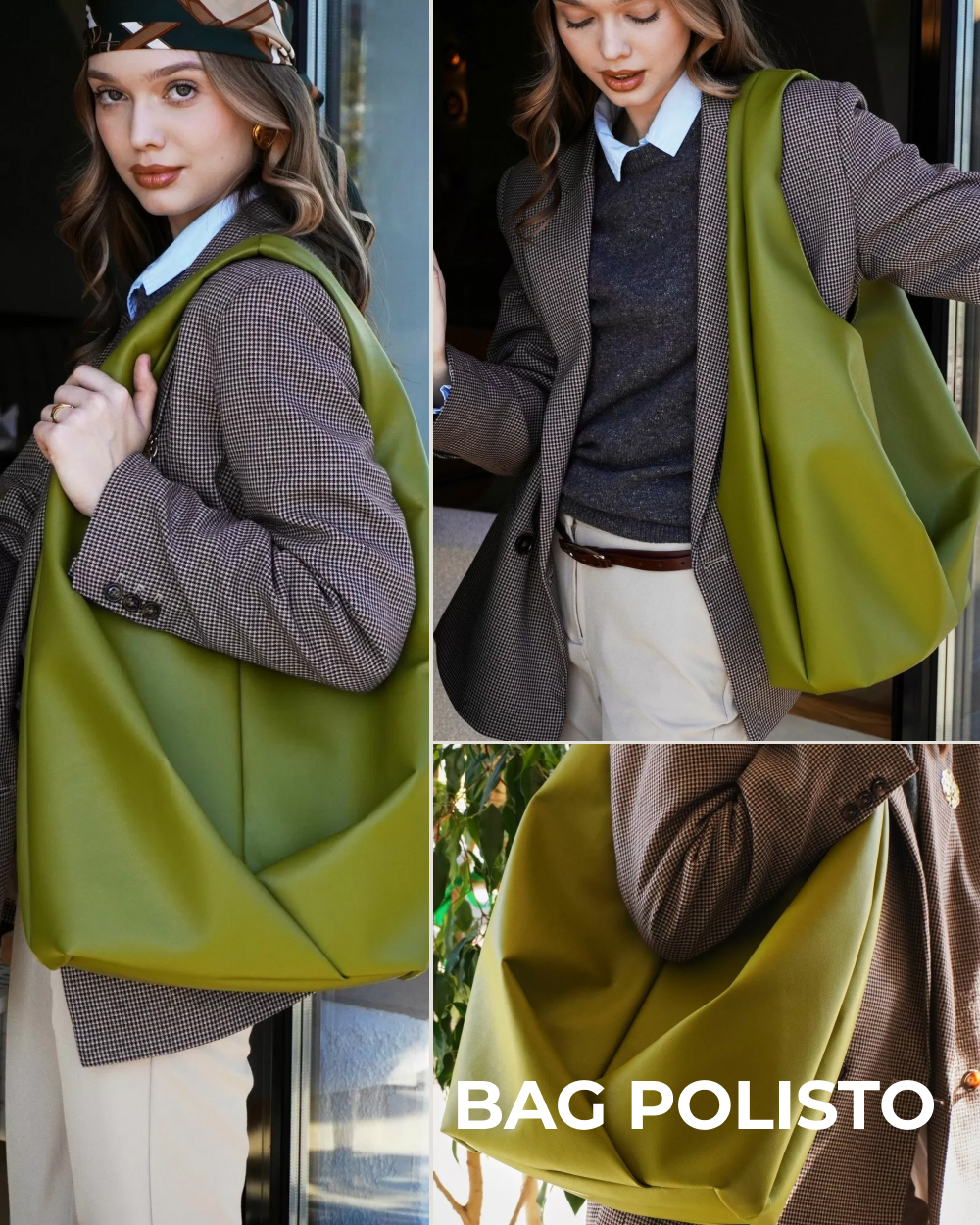 Большая модель BAG POLISTO рассчитана на более расслабленные образы. С серо-коричневым жакетом зеленый выглядит почти как нейтральный цвет.