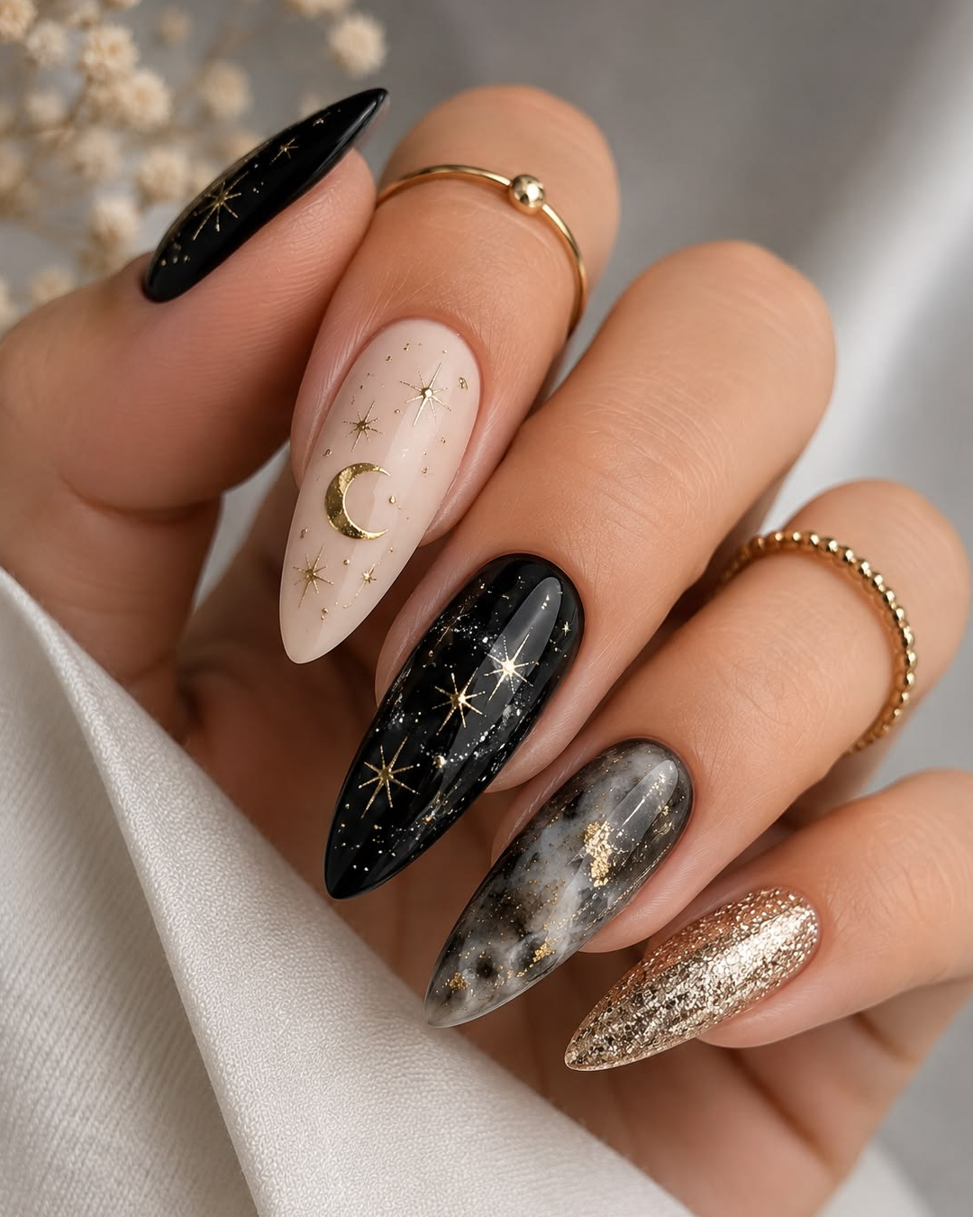 black gold moon stars