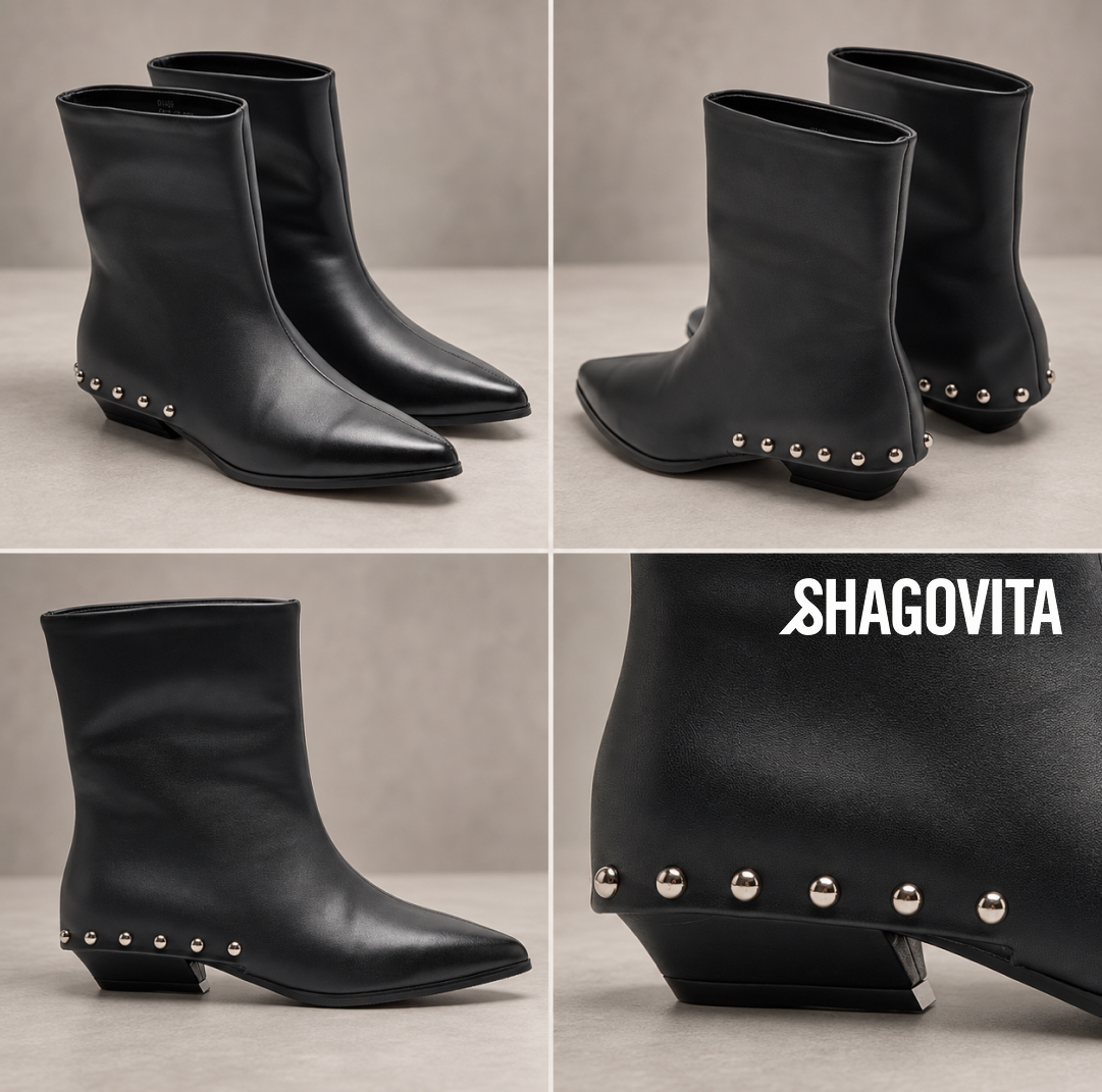 Черные казаки с металлическими деталями у пятки выглядят заметнее лаконичных моделей без декора.