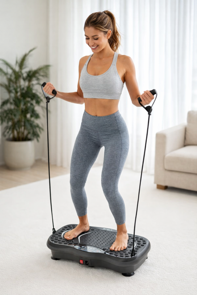 Девушка занимается на виброплатформе в спортивном зале, выполняет упражнение в полуприседе